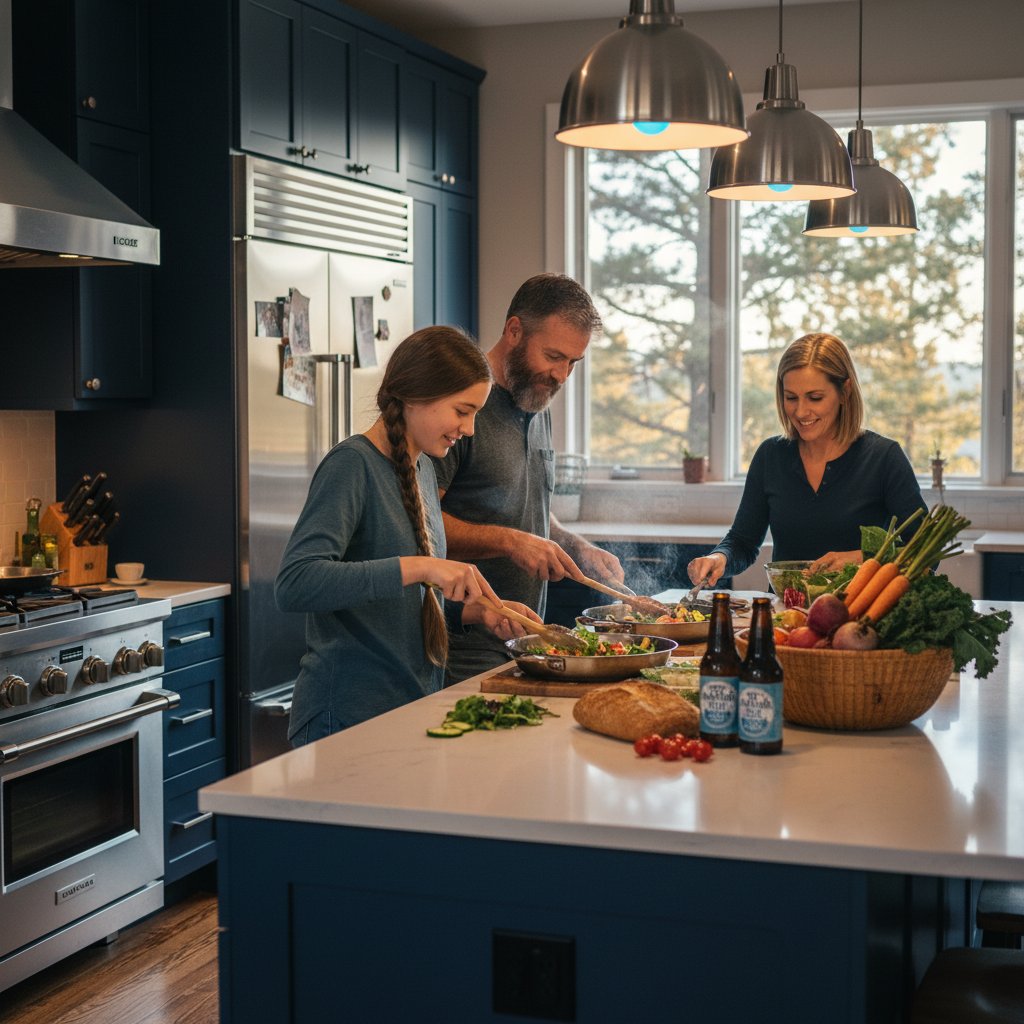 Family cooking in Parker kitchen with Wolf range and Sub-Zero refrigerator